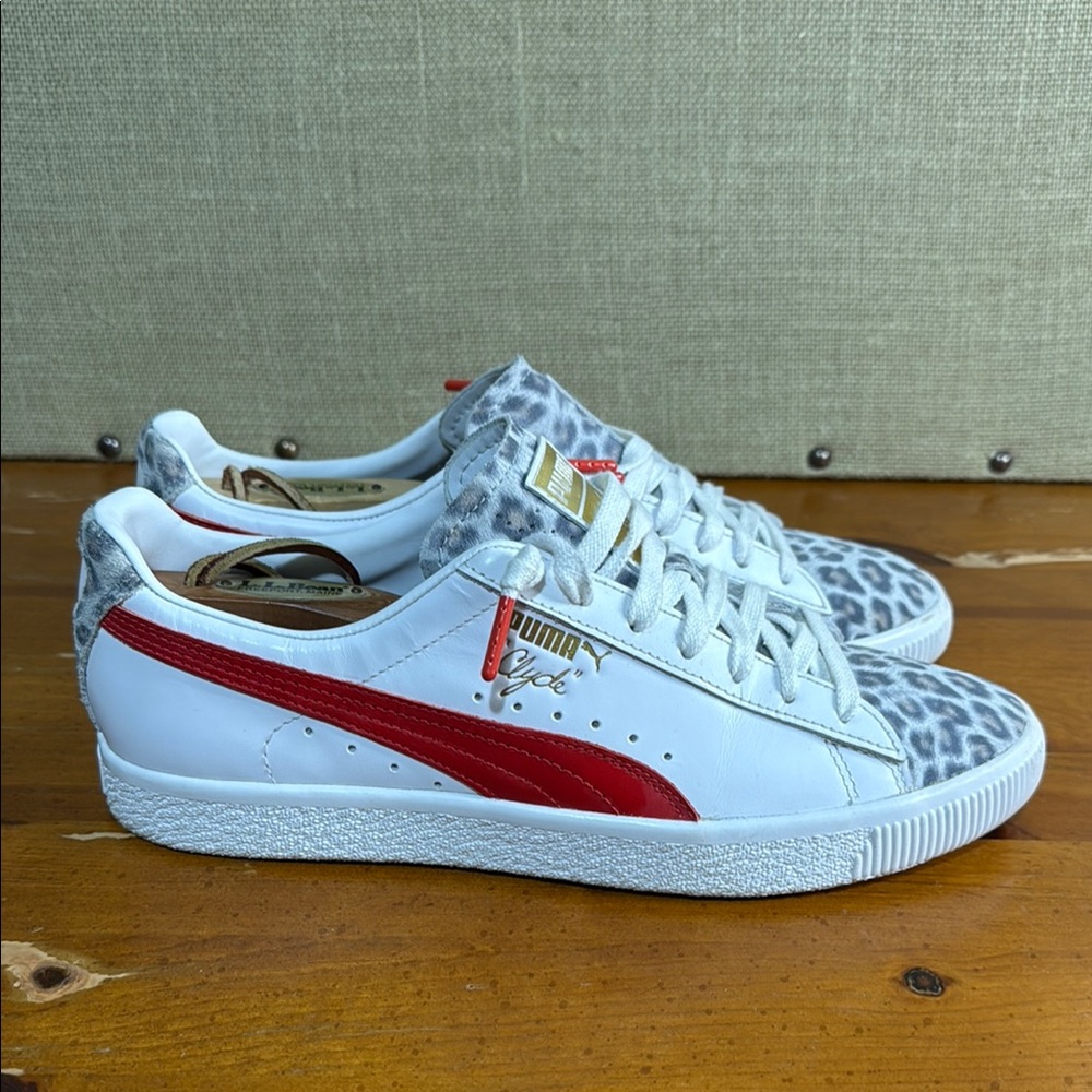 Puma White and Red Sneakers with Gray Leopard Accents